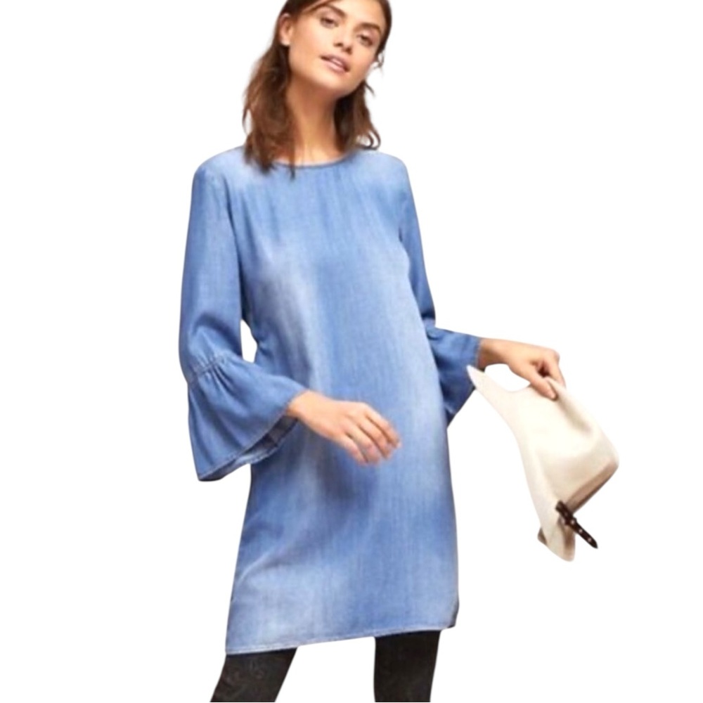 Cloth & Stone Anthropologie Chambray Dress Sz 3/4 Ruffle Sleeves Open Tie Back